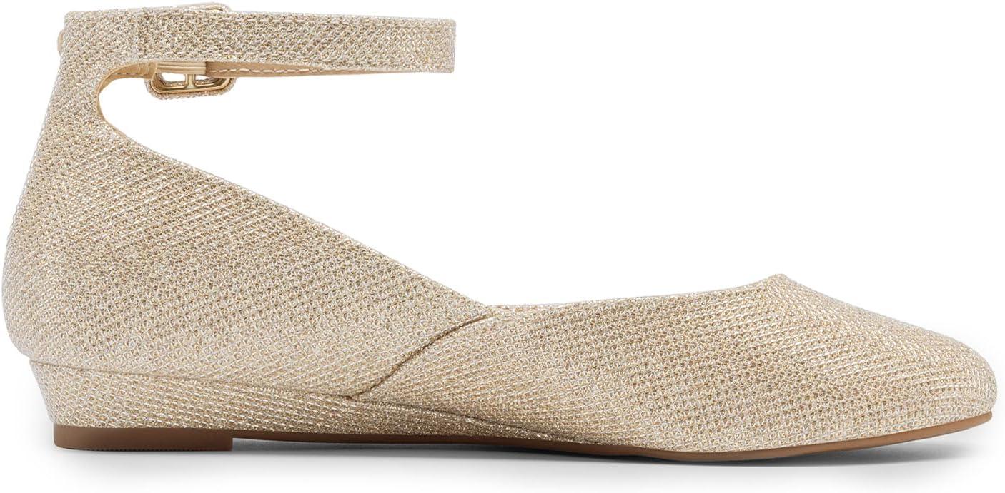 imageDREAM PAIRS Womens Dress Flats Ballet Low Wedge Round Toe Ankle Strap Comfortable Casual Flats ShoesGold Glitter