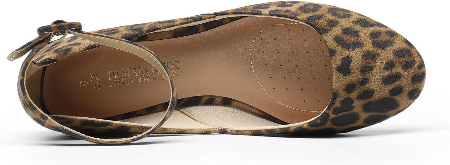 imageDREAM PAIRS Womens Dress Flats Ballet Low Wedge Round Toe Ankle Strap Comfortable Casual Flats ShoesLeopardsuede