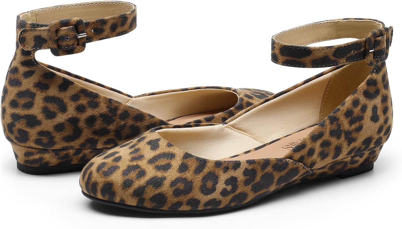 imageDREAM PAIRS Womens Dress Flats Ballet Low Wedge Round Toe Ankle Strap Comfortable Casual Flats ShoesLeopardsuede