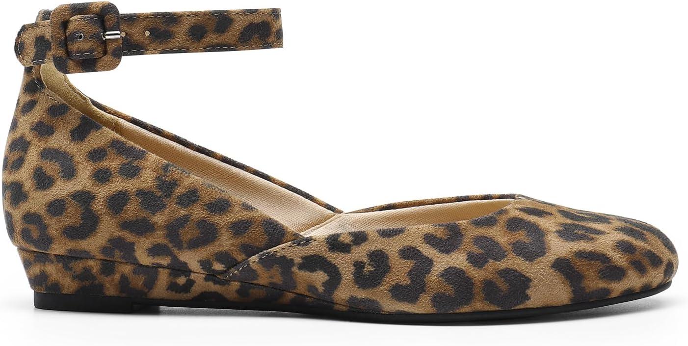 imageDREAM PAIRS Womens Dress Flats Ballet Low Wedge Round Toe Ankle Strap Comfortable Casual Flats ShoesLeopardsuede
