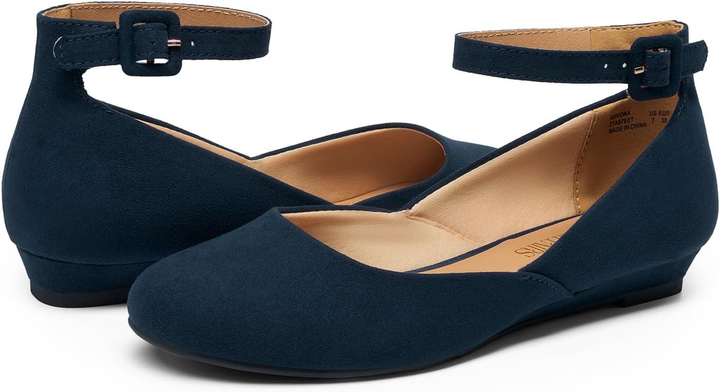 imageDREAM PAIRS Womens Dress Flats Ballet Low Wedge Round Toe Ankle Strap Comfortable Casual Flats ShoesNavy Suede