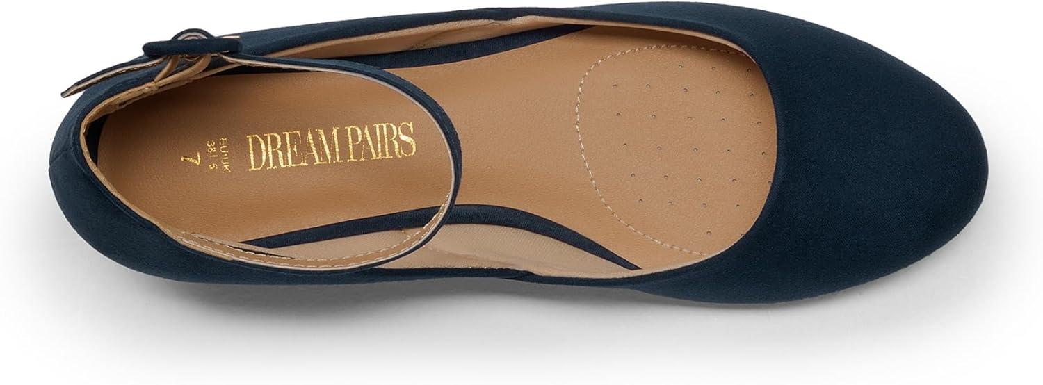 imageDREAM PAIRS Womens Dress Flats Ballet Low Wedge Round Toe Ankle Strap Comfortable Casual Flats ShoesNavy Suede