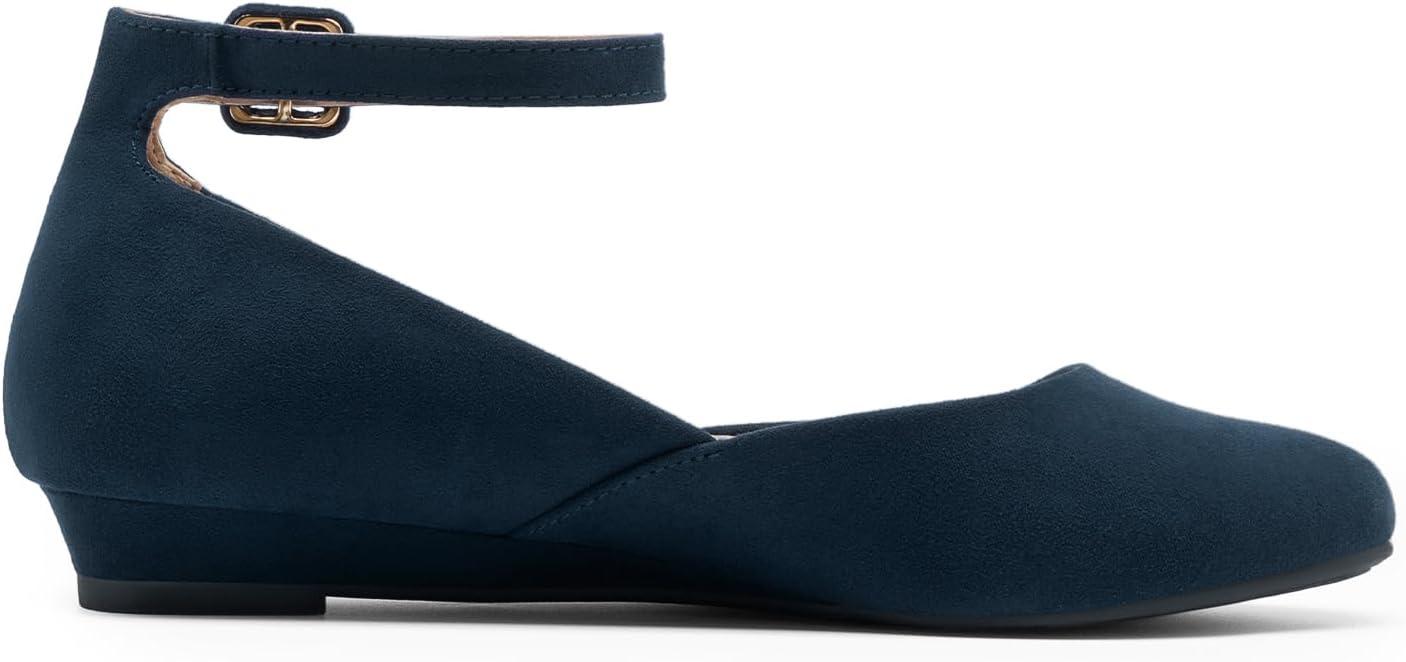 imageDREAM PAIRS Womens Dress Flats Ballet Low Wedge Round Toe Ankle Strap Comfortable Casual Flats ShoesNavy Suede