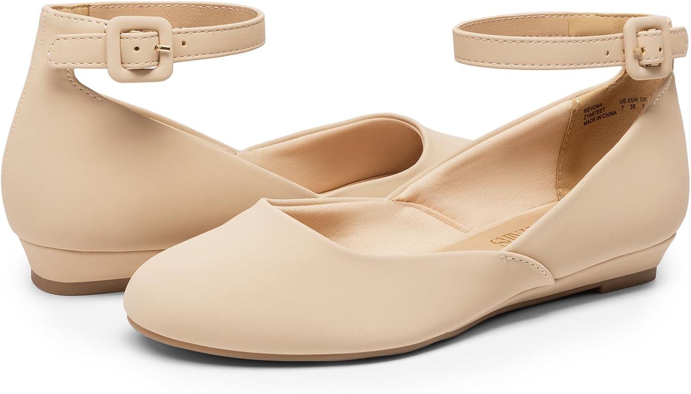 imageDREAM PAIRS Womens Dress Flats Ballet Low Wedge Round Toe Ankle Strap Comfortable Casual Flats ShoesNude Nubuck