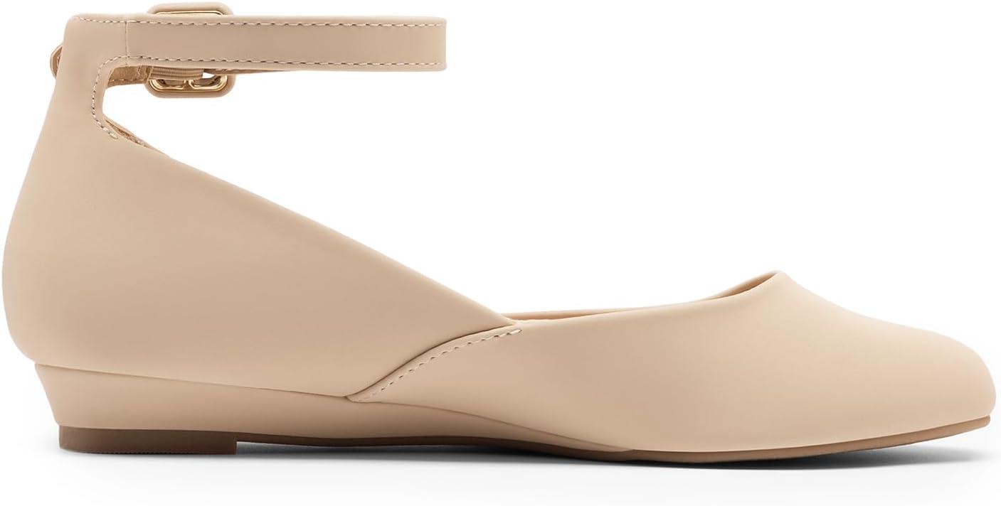 imageDREAM PAIRS Womens Dress Flats Ballet Low Wedge Round Toe Ankle Strap Comfortable Casual Flats ShoesNude Nubuck