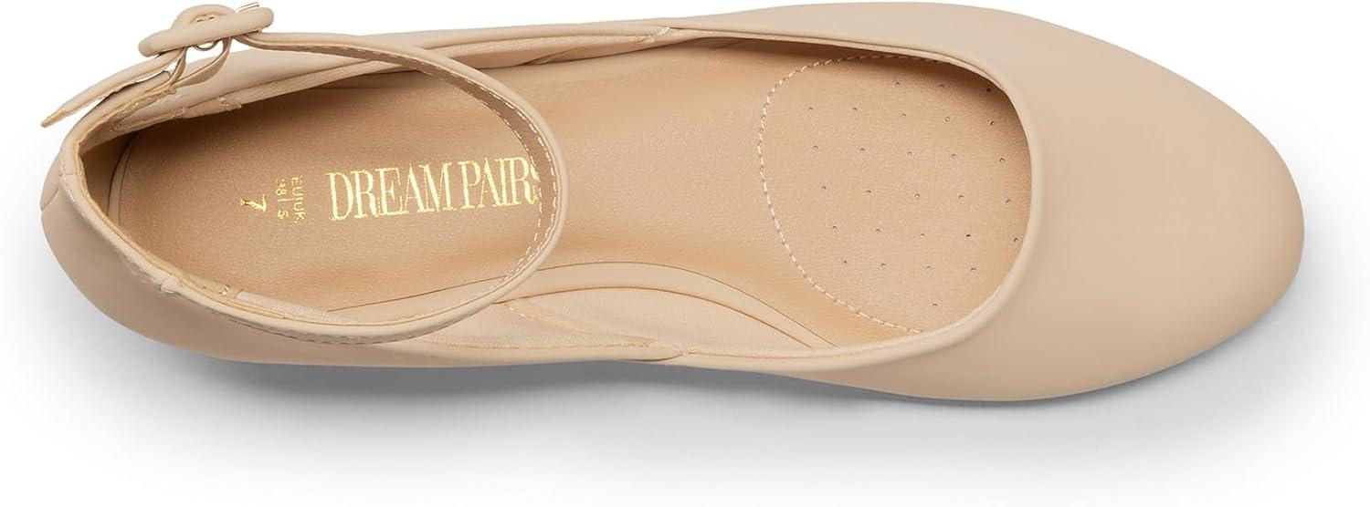 imageDREAM PAIRS Womens Dress Flats Ballet Low Wedge Round Toe Ankle Strap Comfortable Casual Flats ShoesNude Nubuck