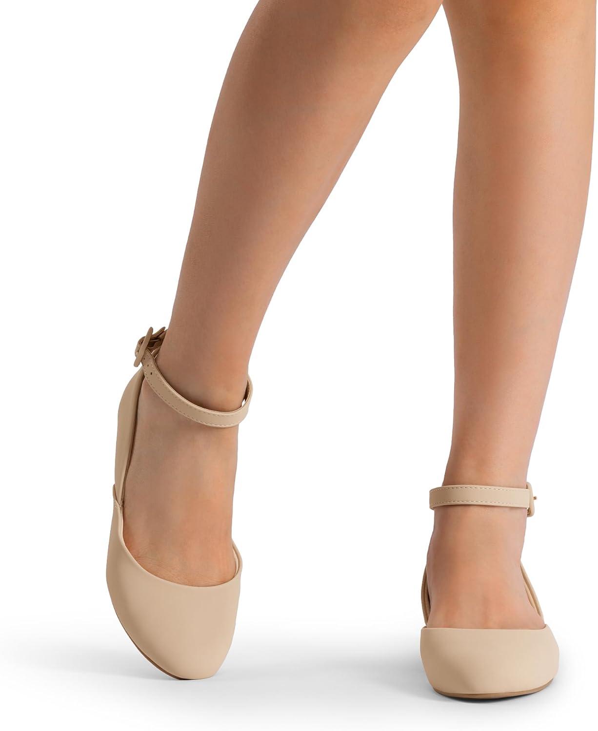 imageDREAM PAIRS Womens Dress Flats Ballet Low Wedge Round Toe Ankle Strap Comfortable Casual Flats ShoesNude Nubuck