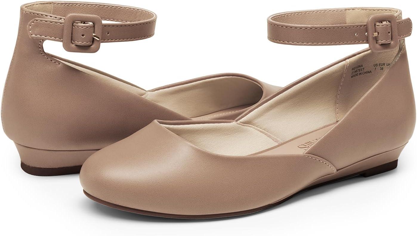 imageDREAM PAIRS Womens Dress Flats Ballet Low Wedge Round Toe Ankle Strap Comfortable Casual Flats ShoesNude Pu