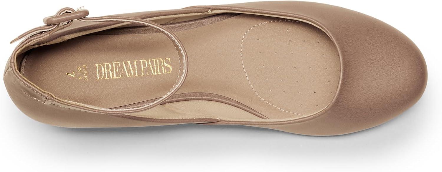 imageDREAM PAIRS Womens Dress Flats Ballet Low Wedge Round Toe Ankle Strap Comfortable Casual Flats ShoesNude Pu