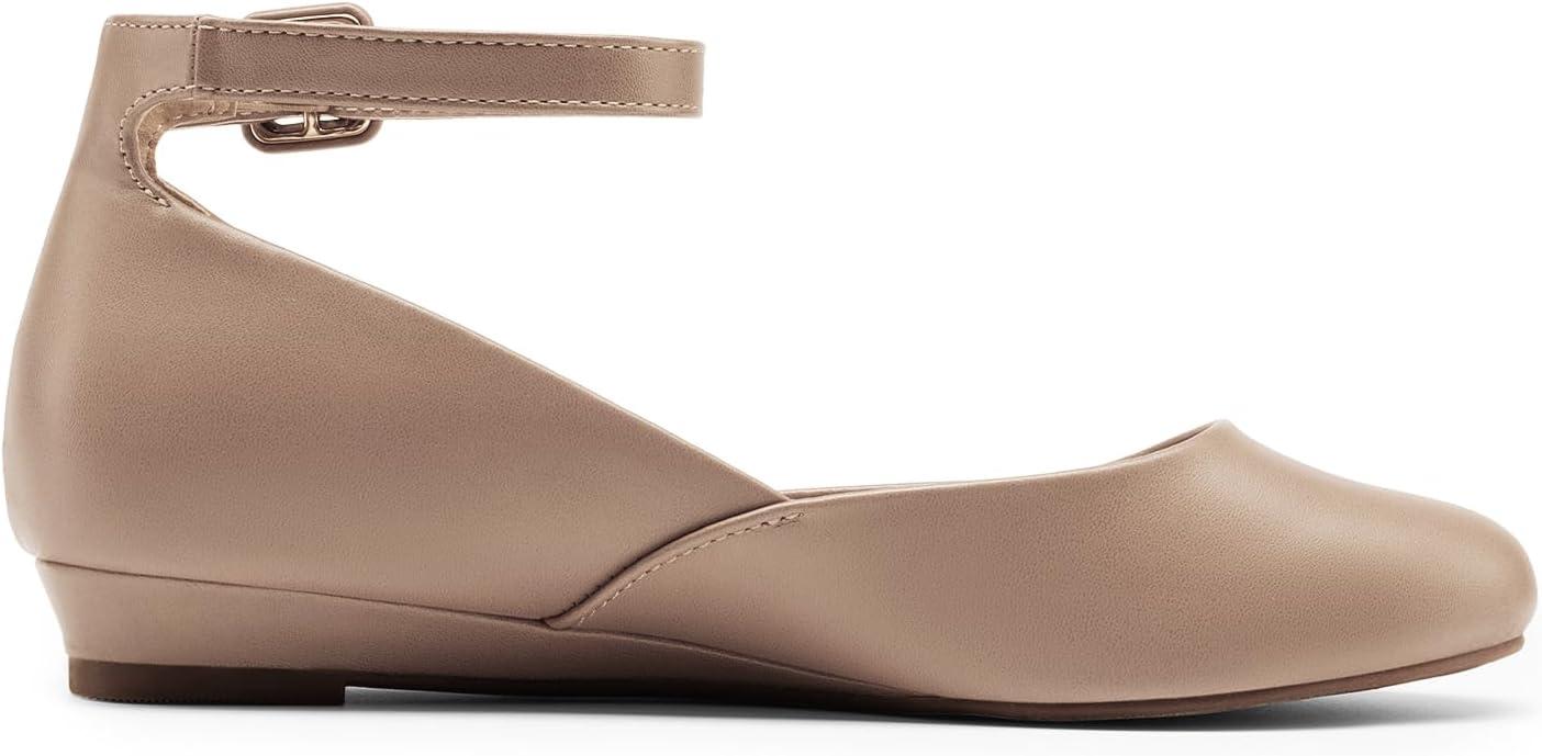 imageDREAM PAIRS Womens Dress Flats Ballet Low Wedge Round Toe Ankle Strap Comfortable Casual Flats ShoesNude Pu