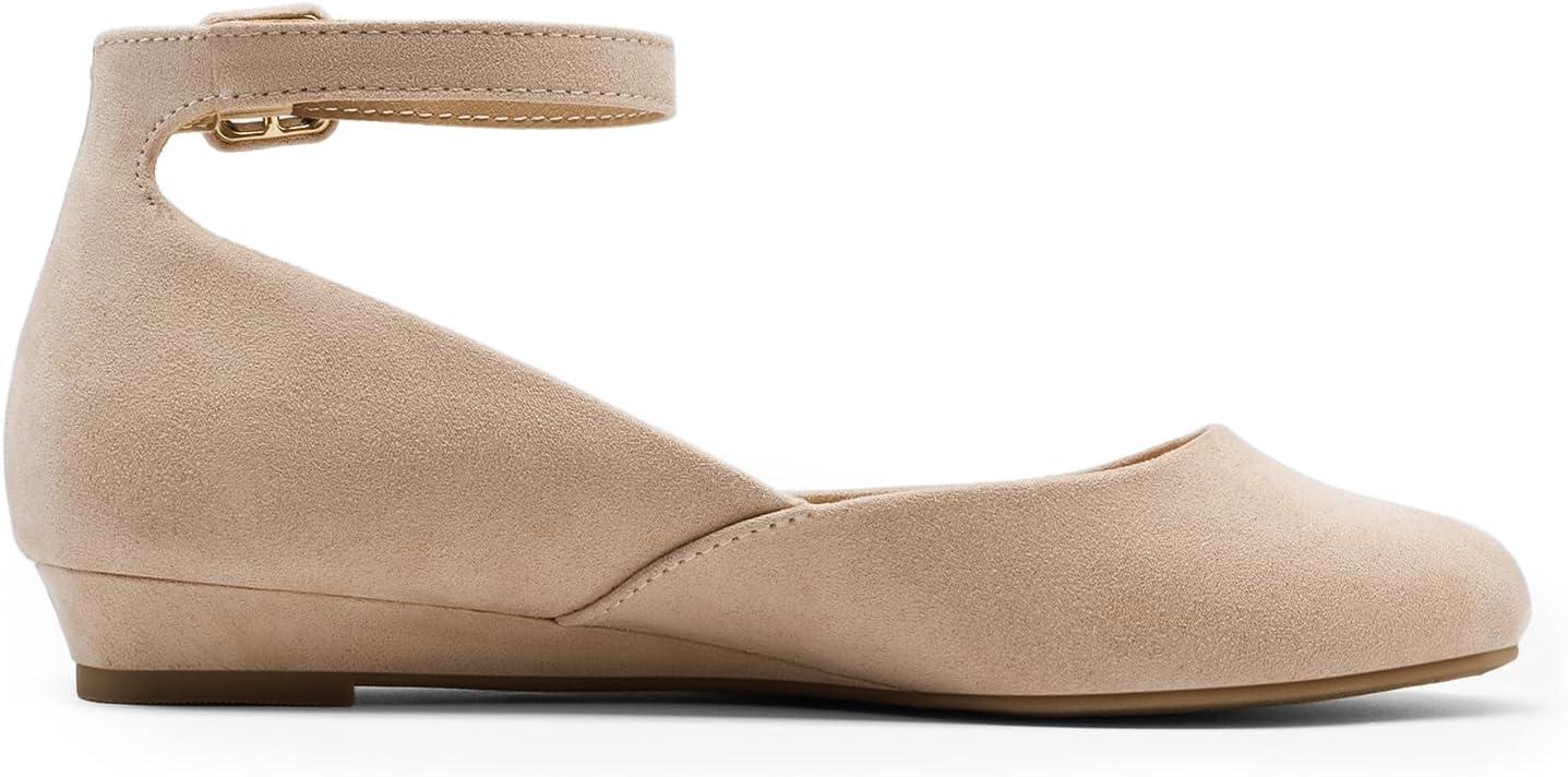 imageDREAM PAIRS Womens Dress Flats Ballet Low Wedge Round Toe Ankle Strap Comfortable Casual Flats ShoesNude Suede