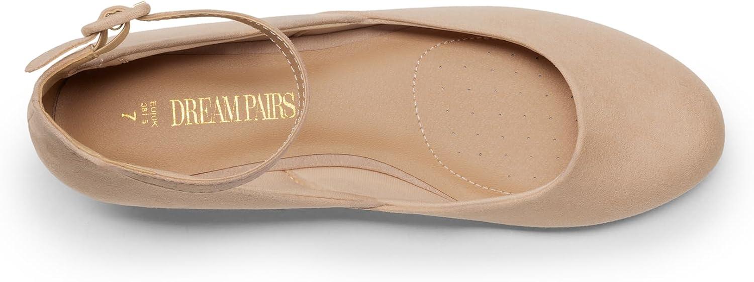 imageDREAM PAIRS Womens Dress Flats Ballet Low Wedge Round Toe Ankle Strap Comfortable Casual Flats ShoesNude Suede