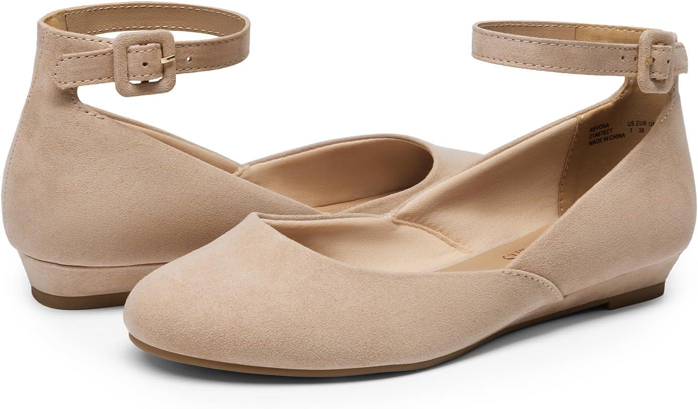 imageDREAM PAIRS Womens Dress Flats Ballet Low Wedge Round Toe Ankle Strap Comfortable Casual Flats ShoesNude Suede