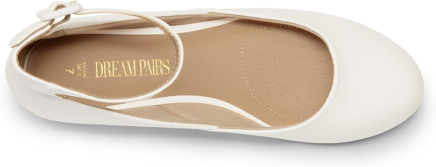 imageDREAM PAIRS Womens Dress Flats Ballet Low Wedge Round Toe Ankle Strap Comfortable Casual Flats ShoesWhite Pu