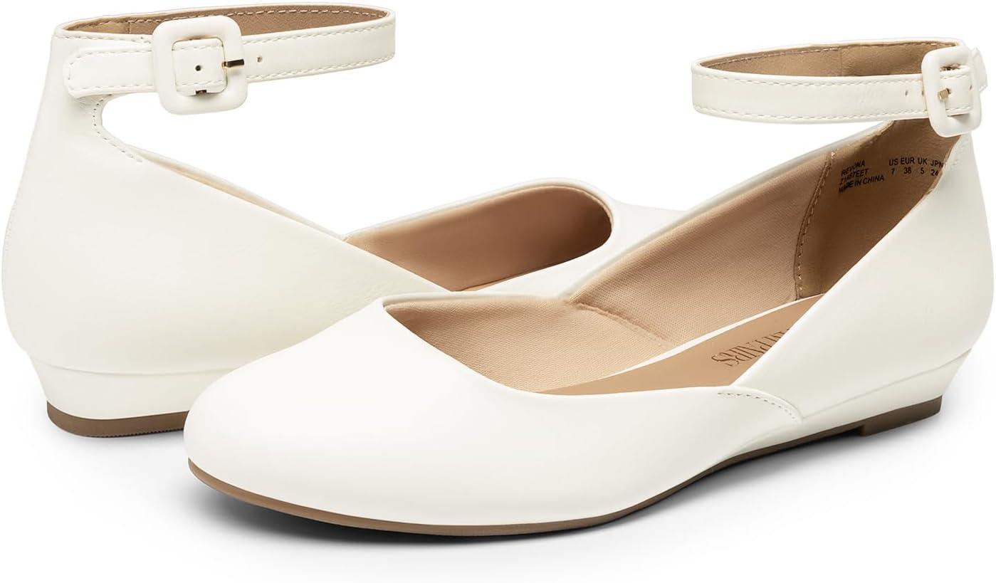 imageDREAM PAIRS Womens Dress Flats Ballet Low Wedge Round Toe Ankle Strap Comfortable Casual Flats ShoesWhite Pu