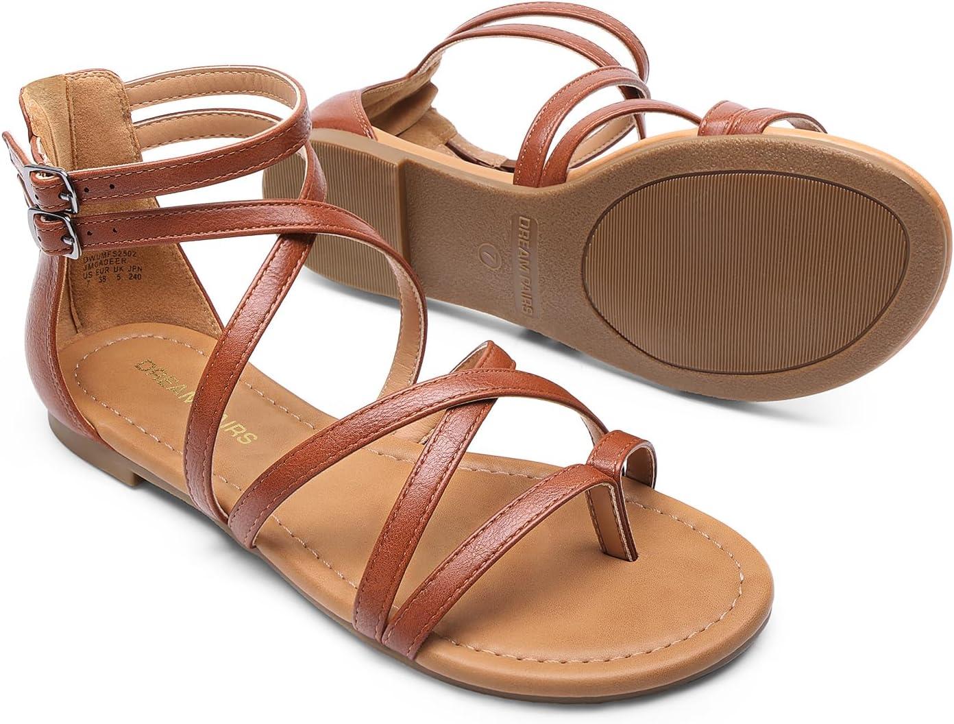 imageDREAM PAIRS Womens Dressy Gladiator Summer Cross Strappy Sandals Comfort Flat Casual Beach Fisherman Thong sandalsBrown