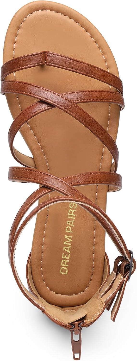 imageDREAM PAIRS Womens Dressy Gladiator Summer Cross Strappy Sandals Comfort Flat Casual Beach Fisherman Thong sandalsBrown