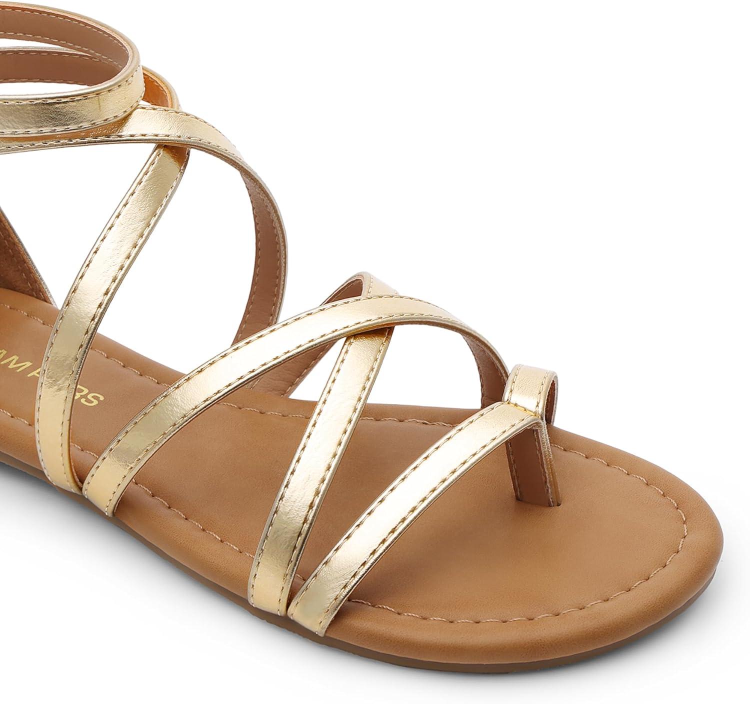 imageDREAM PAIRS Womens Dressy Gladiator Summer Cross Strappy Sandals Comfort Flat Casual Beach Fisherman Thong sandalsGold