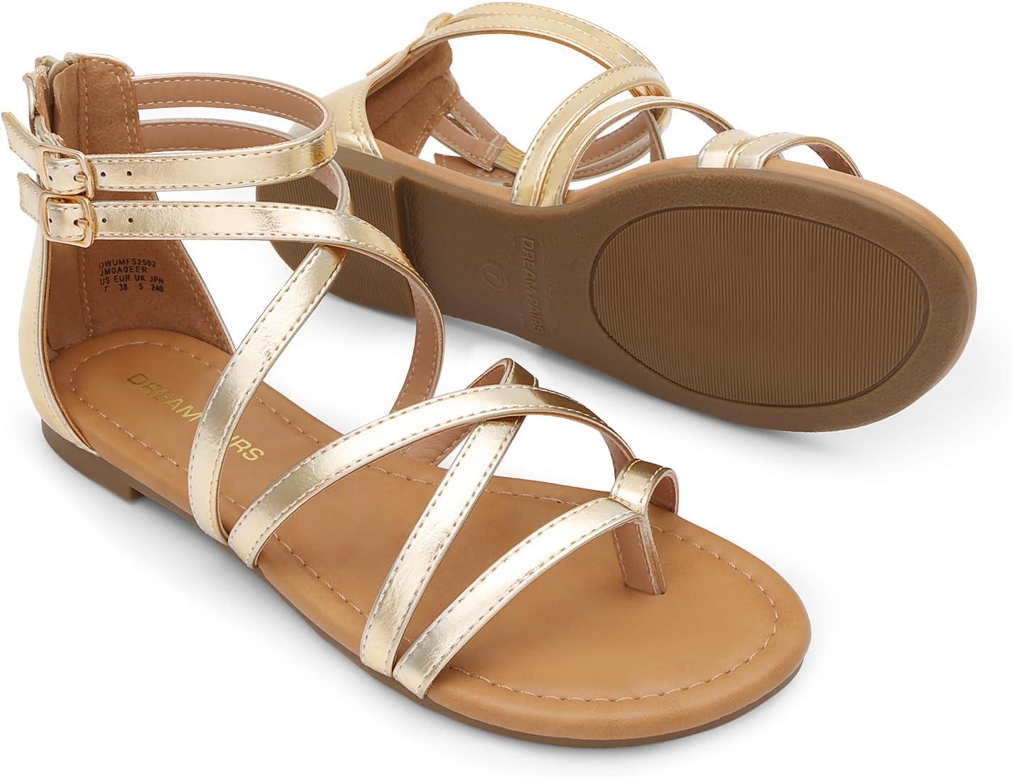 imageDREAM PAIRS Womens Dressy Gladiator Summer Cross Strappy Sandals Comfort Flat Casual Beach Fisherman Thong sandalsGold