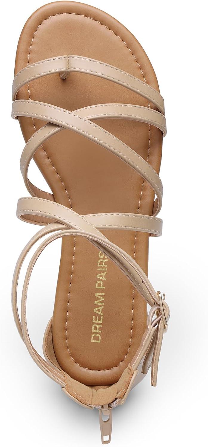 imageDREAM PAIRS Womens Dressy Gladiator Summer Cross Strappy Sandals Comfort Flat Casual Beach Fisherman Thong sandalsNude