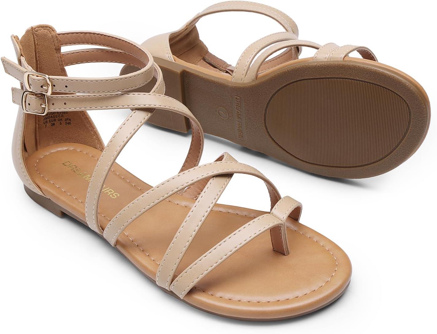 imageDREAM PAIRS Womens Dressy Gladiator Summer Cross Strappy Sandals Comfort Flat Casual Beach Fisherman Thong sandalsNude