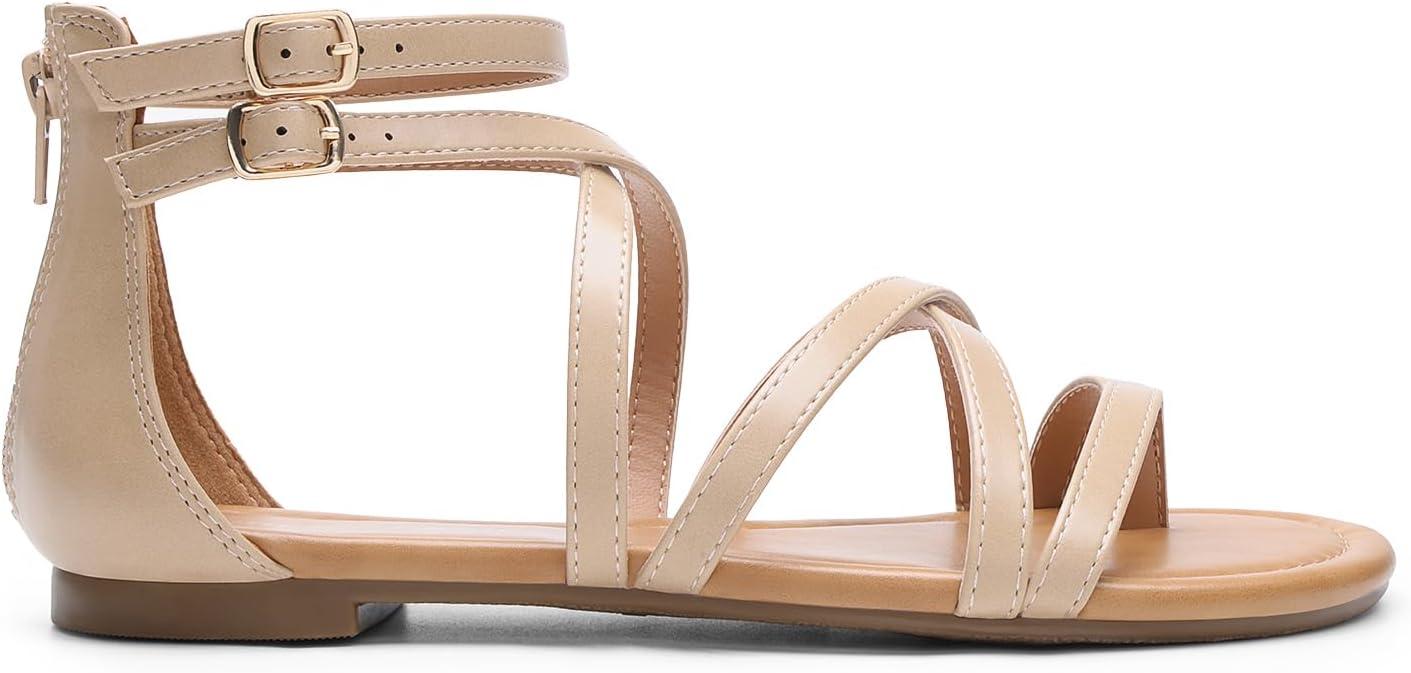 imageDREAM PAIRS Womens Dressy Gladiator Summer Cross Strappy Sandals Comfort Flat Casual Beach Fisherman Thong sandalsNude