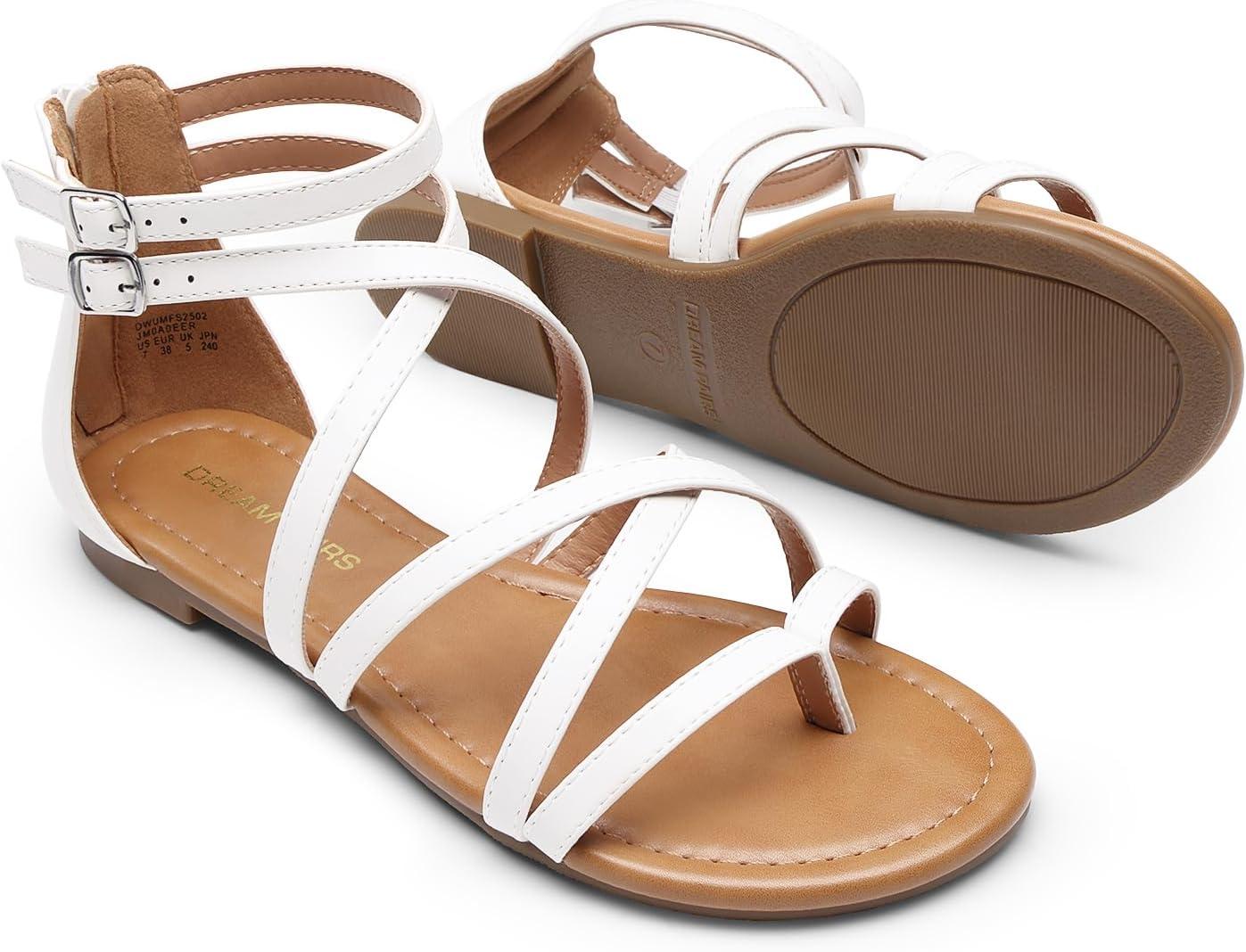 imageDREAM PAIRS Womens Dressy Gladiator Summer Cross Strappy Sandals Comfort Flat Casual Beach Fisherman Thong sandalsWhite