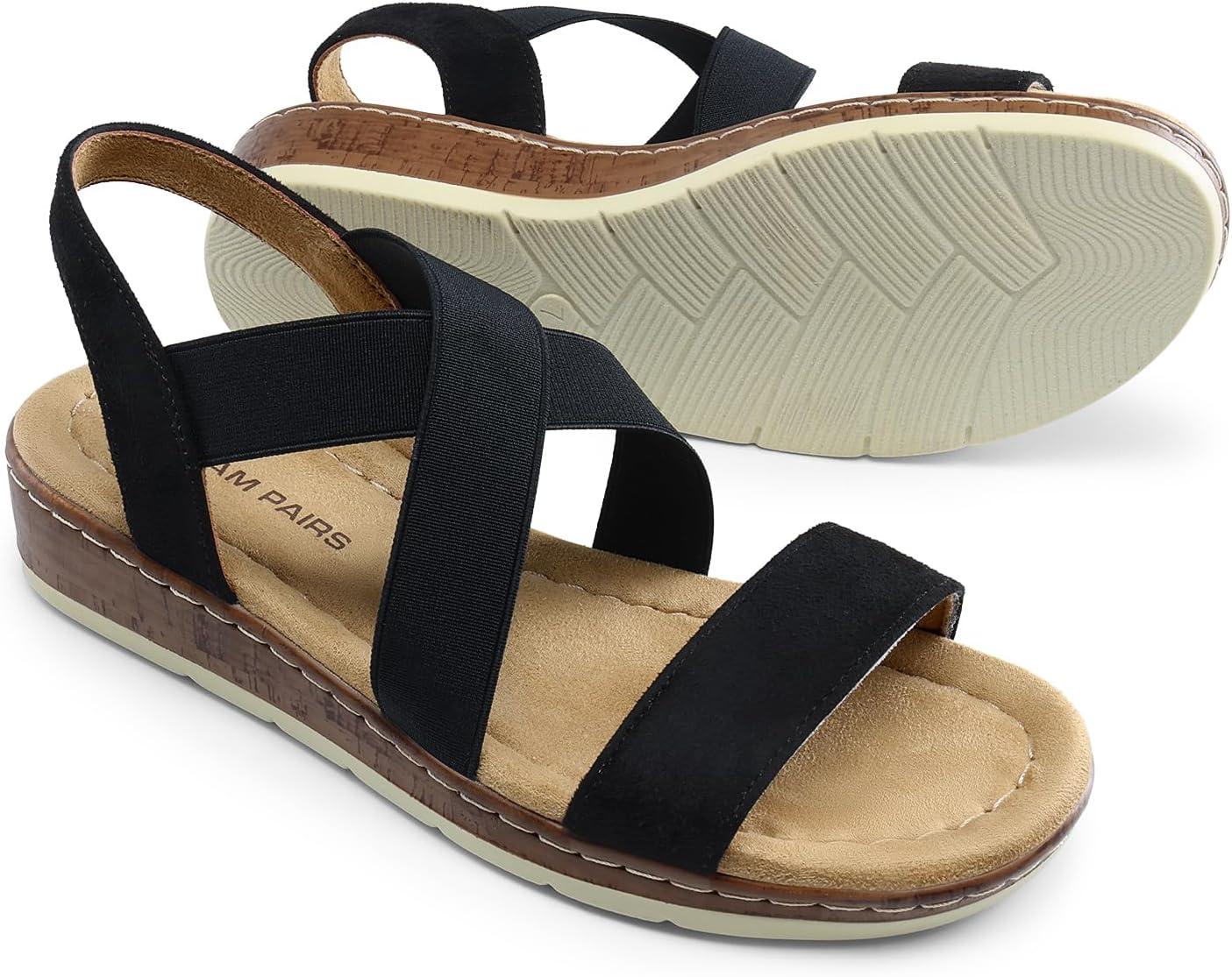 imageDREAM PAIRS Womens Dressy Slip on Elastic Ankle Strap Summer Wedge Heels Low Wedge Cork Beach Sandals for Women Casual VacationBlacksuede