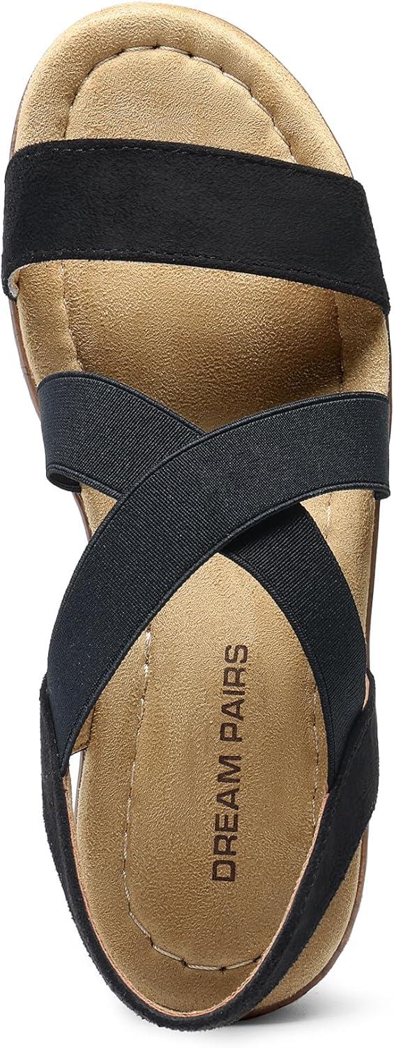 imageDREAM PAIRS Womens Dressy Slip on Elastic Ankle Strap Summer Wedge Heels Low Wedge Cork Beach Sandals for Women Casual VacationBlacksuede