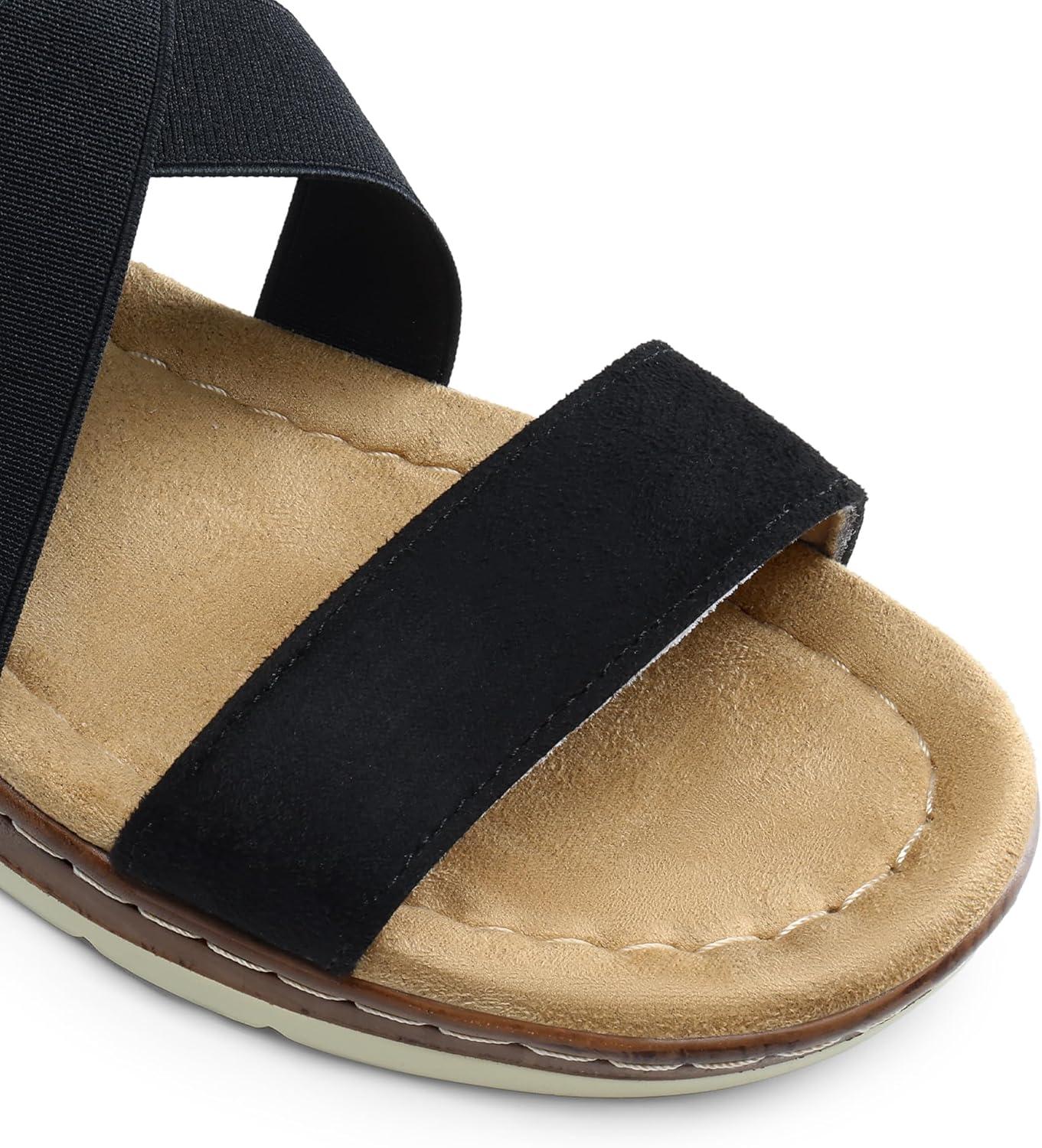 imageDREAM PAIRS Womens Dressy Slip on Elastic Ankle Strap Summer Wedge Heels Low Wedge Cork Beach Sandals for Women Casual VacationBlacksuede