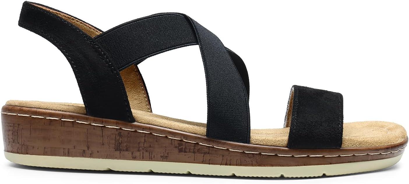 imageDREAM PAIRS Womens Dressy Slip on Elastic Ankle Strap Summer Wedge Heels Low Wedge Cork Beach Sandals for Women Casual VacationBlacksuede