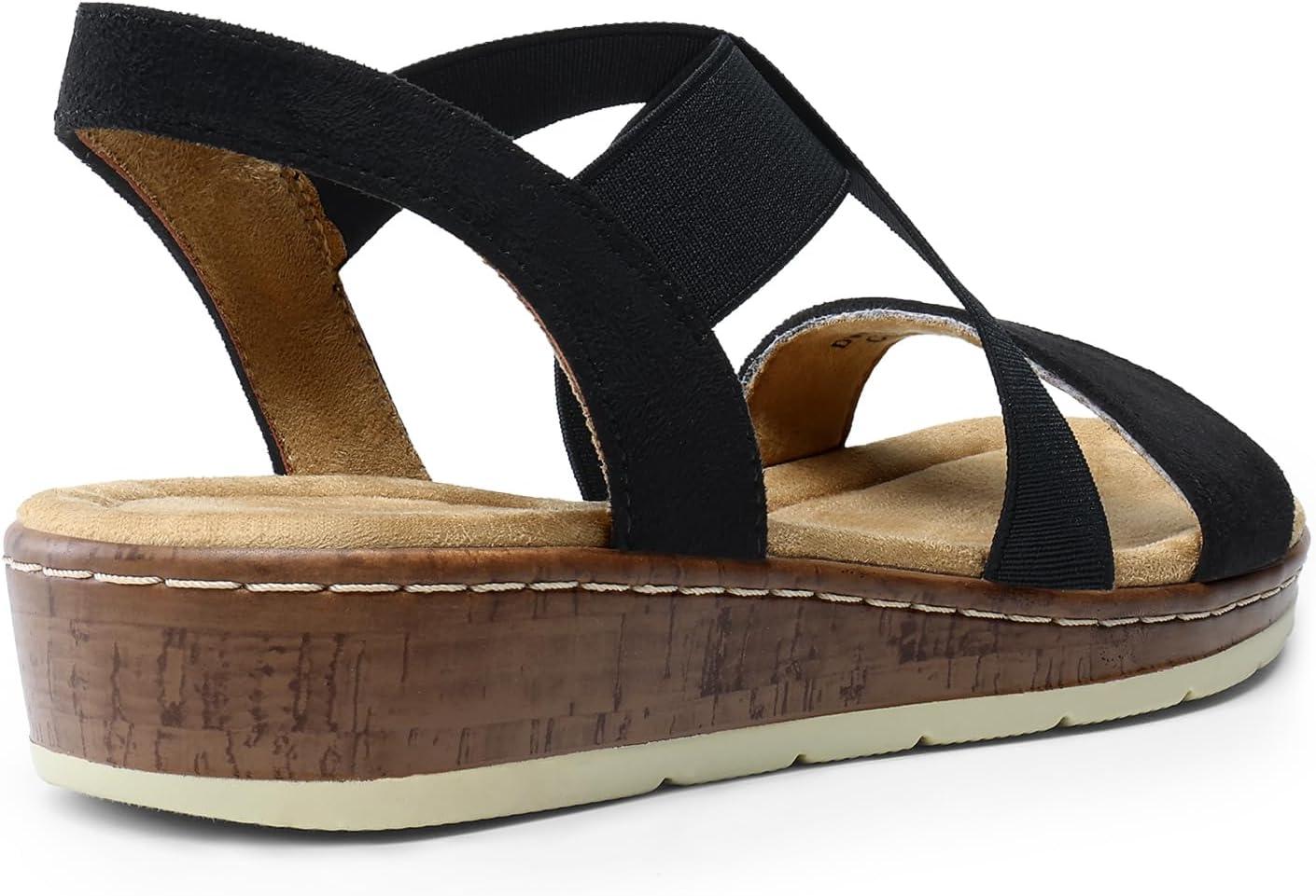 imageDREAM PAIRS Womens Dressy Slip on Elastic Ankle Strap Summer Wedge Heels Low Wedge Cork Beach Sandals for Women Casual VacationBlacksuede