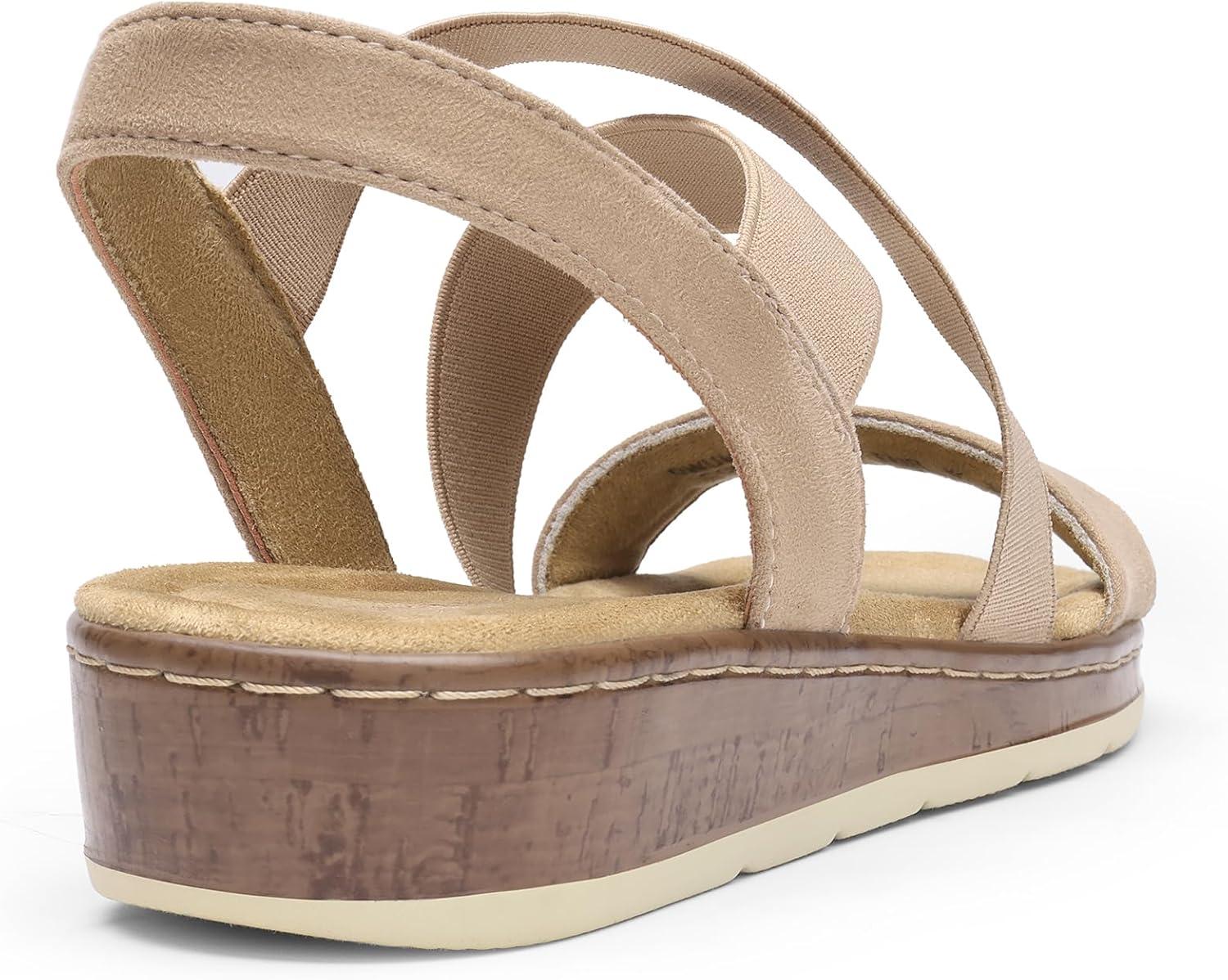 imageDREAM PAIRS Womens Dressy Slip on Elastic Ankle Strap Summer Wedge Heels Low Wedge Cork Beach Sandals for Women Casual VacationNude