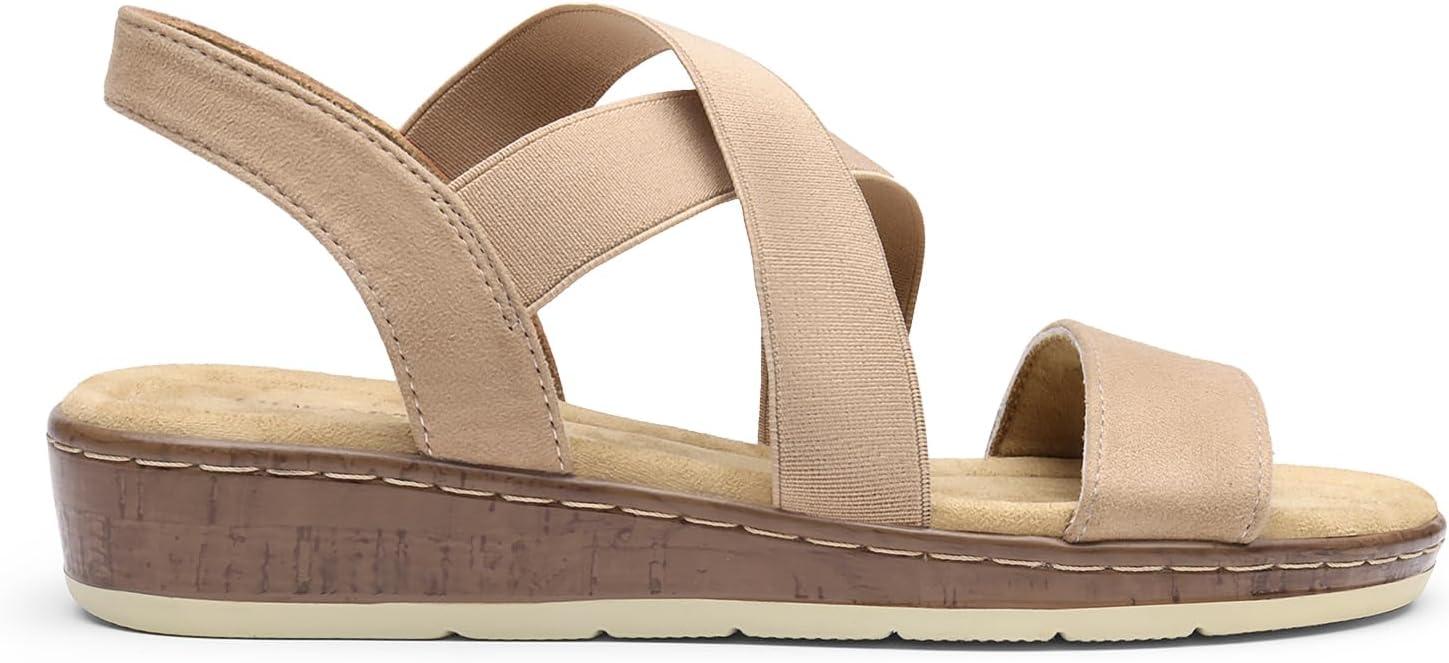 imageDREAM PAIRS Womens Dressy Slip on Elastic Ankle Strap Summer Wedge Heels Low Wedge Cork Beach Sandals for Women Casual VacationNude