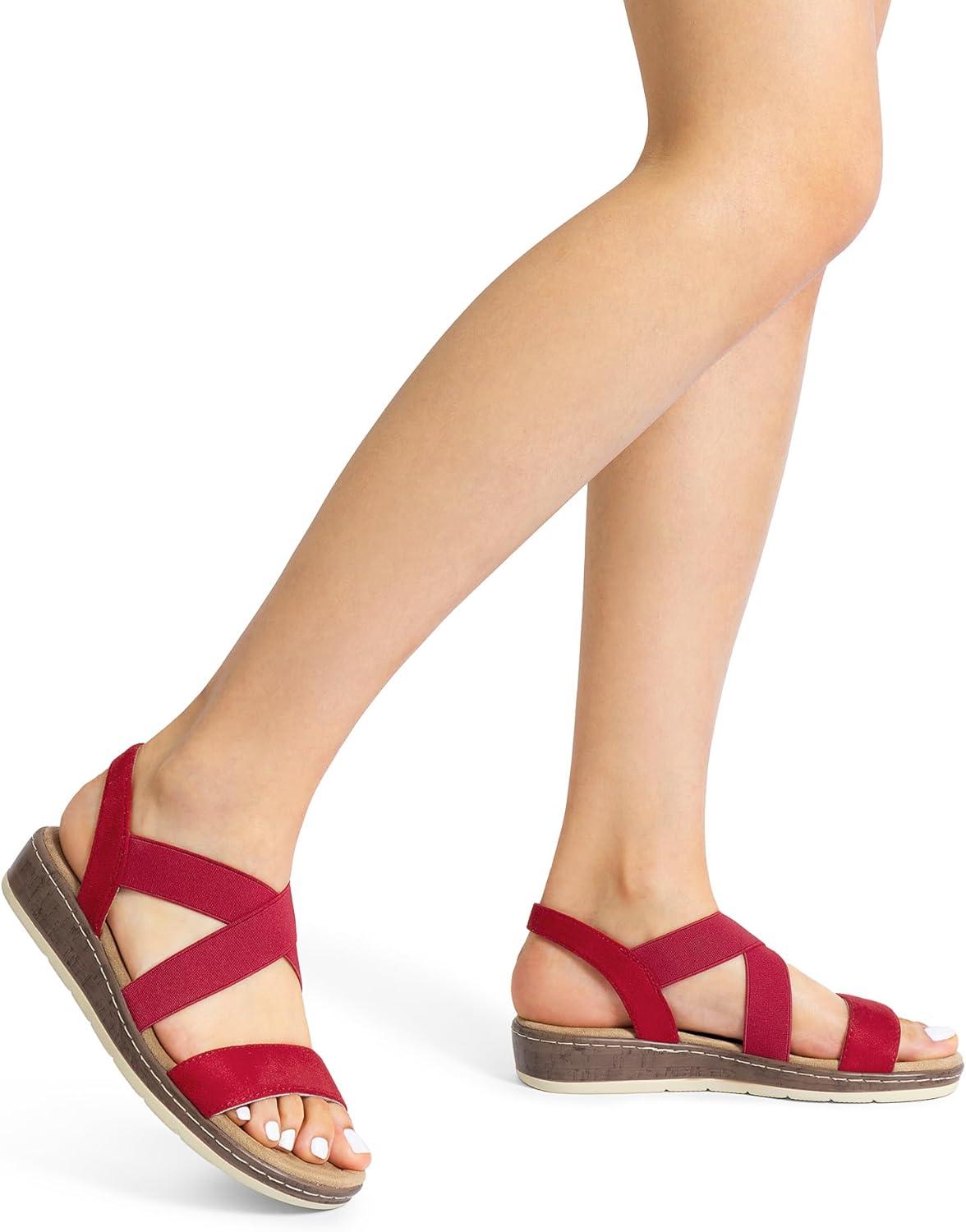 imageDREAM PAIRS Womens Dressy Slip on Elastic Ankle Strap Summer Wedge Heels Low Wedge Cork Beach Sandals for Women Casual VacationRed