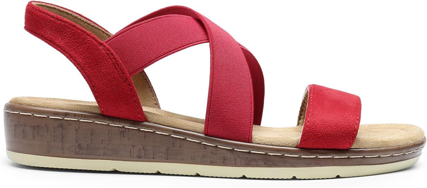 imageDREAM PAIRS Womens Dressy Slip on Elastic Ankle Strap Summer Wedge Heels Low Wedge Cork Beach Sandals for Women Casual VacationRed