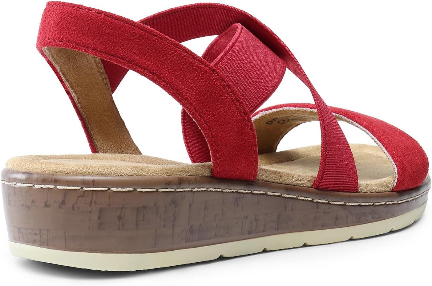 imageDREAM PAIRS Womens Dressy Slip on Elastic Ankle Strap Summer Wedge Heels Low Wedge Cork Beach Sandals for Women Casual VacationRed