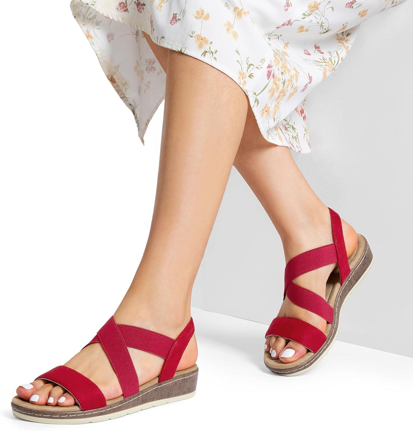 imageDREAM PAIRS Womens Dressy Slip on Elastic Ankle Strap Summer Wedge Heels Low Wedge Cork Beach Sandals for Women Casual VacationRed