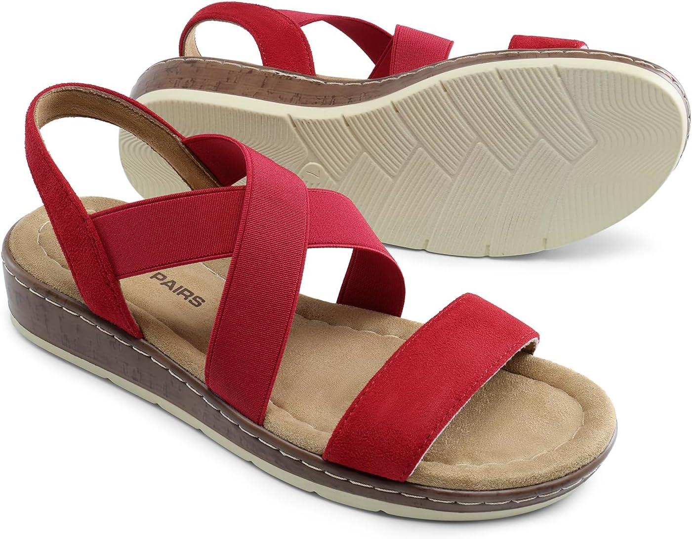 imageDREAM PAIRS Womens Dressy Slip on Elastic Ankle Strap Summer Wedge Heels Low Wedge Cork Beach Sandals for Women Casual VacationRed