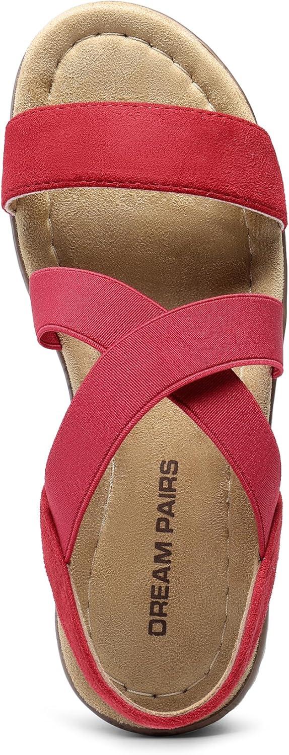 imageDREAM PAIRS Womens Dressy Slip on Elastic Ankle Strap Summer Wedge Heels Low Wedge Cork Beach Sandals for Women Casual VacationRed