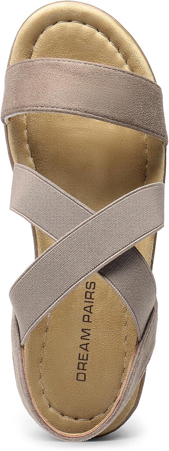 imageDREAM PAIRS Womens Dressy Slip on Elastic Ankle Strap Summer Wedge Heels Low Wedge Cork Beach Sandals for Women Casual VacationTaupe