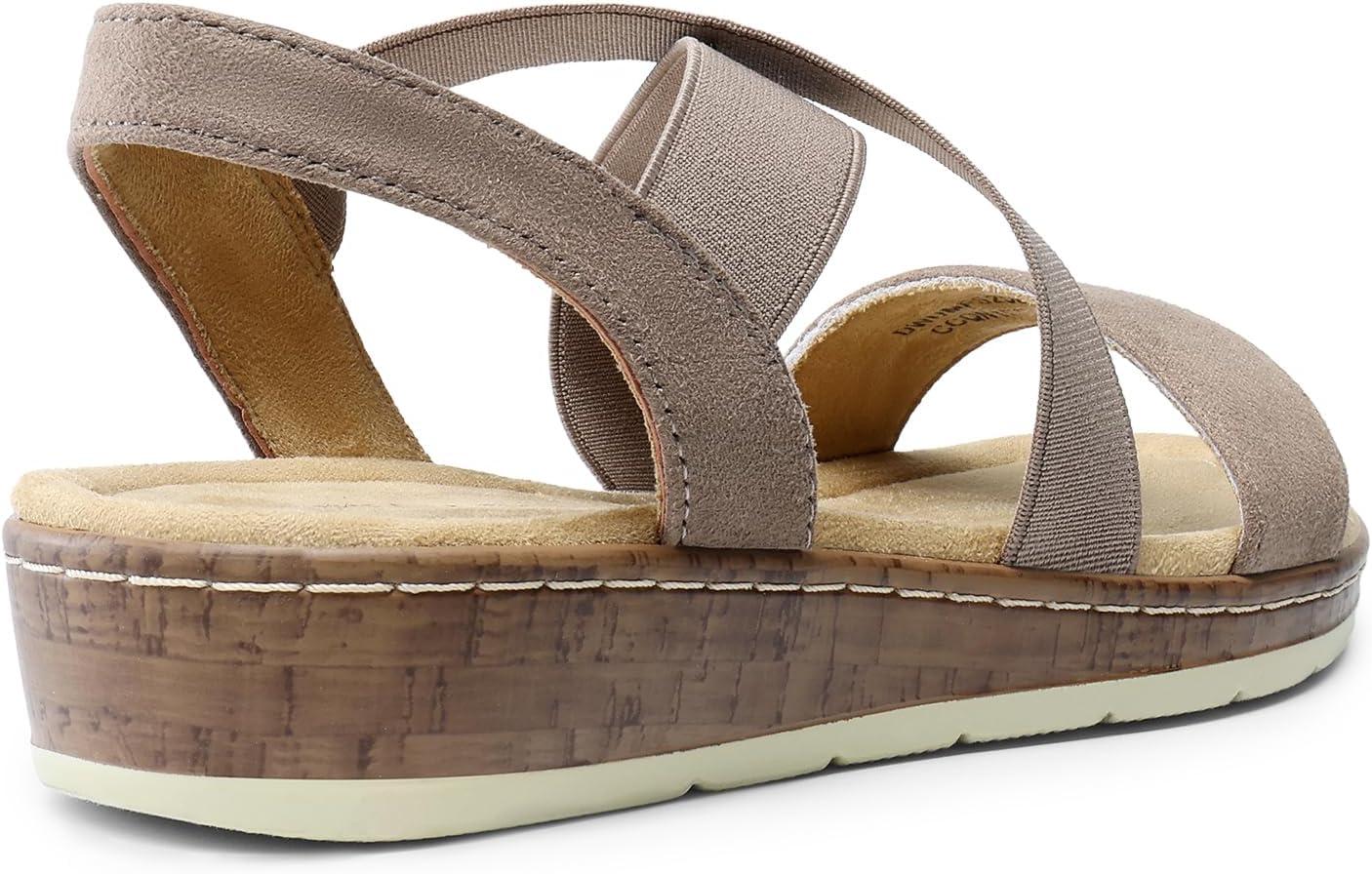 imageDREAM PAIRS Womens Dressy Slip on Elastic Ankle Strap Summer Wedge Heels Low Wedge Cork Beach Sandals for Women Casual VacationTaupe