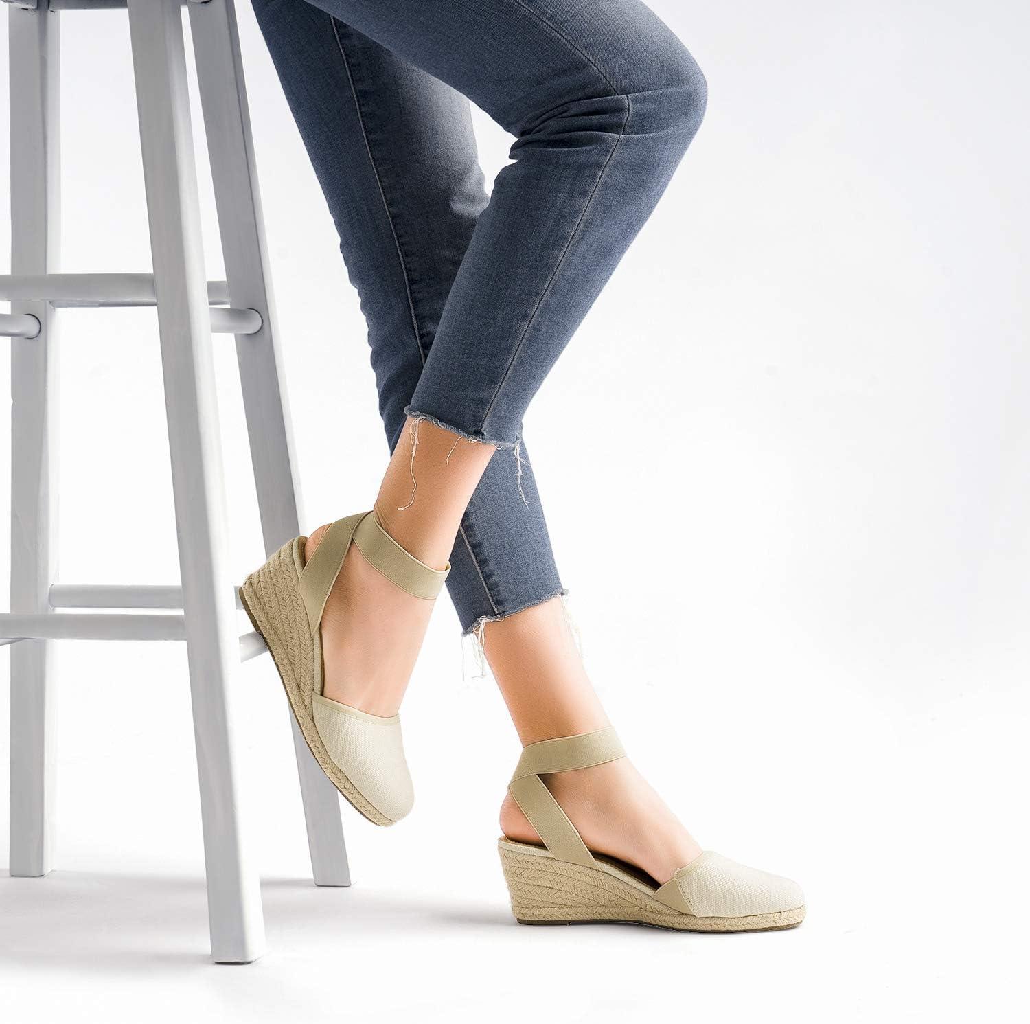 imageDREAM PAIRS Womens Elastic Ankle Strap Espadrilles Wedge SandalsBeigeWhite