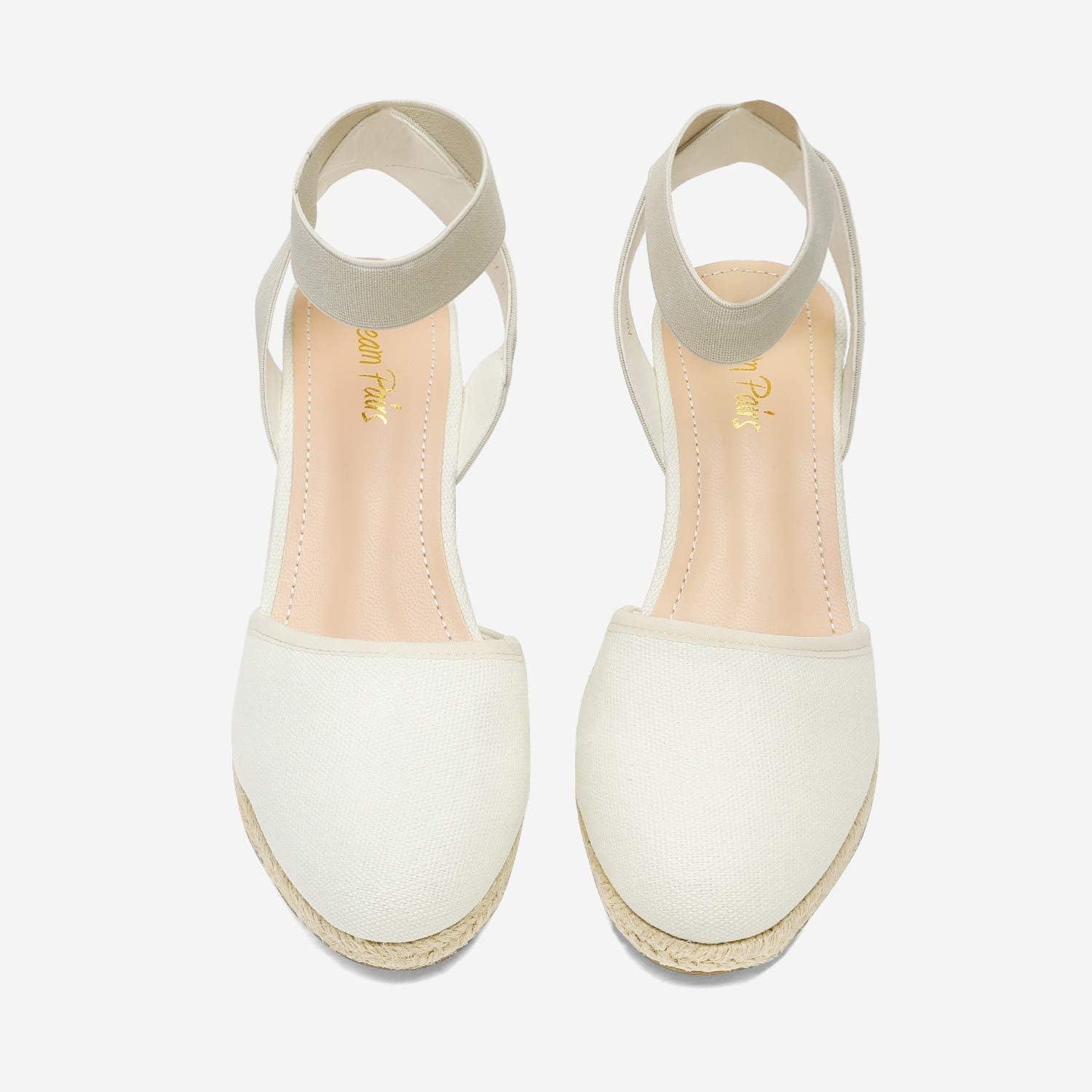 imageDREAM PAIRS Womens Elastic Ankle Strap Espadrilles Wedge SandalsBeigeWhite