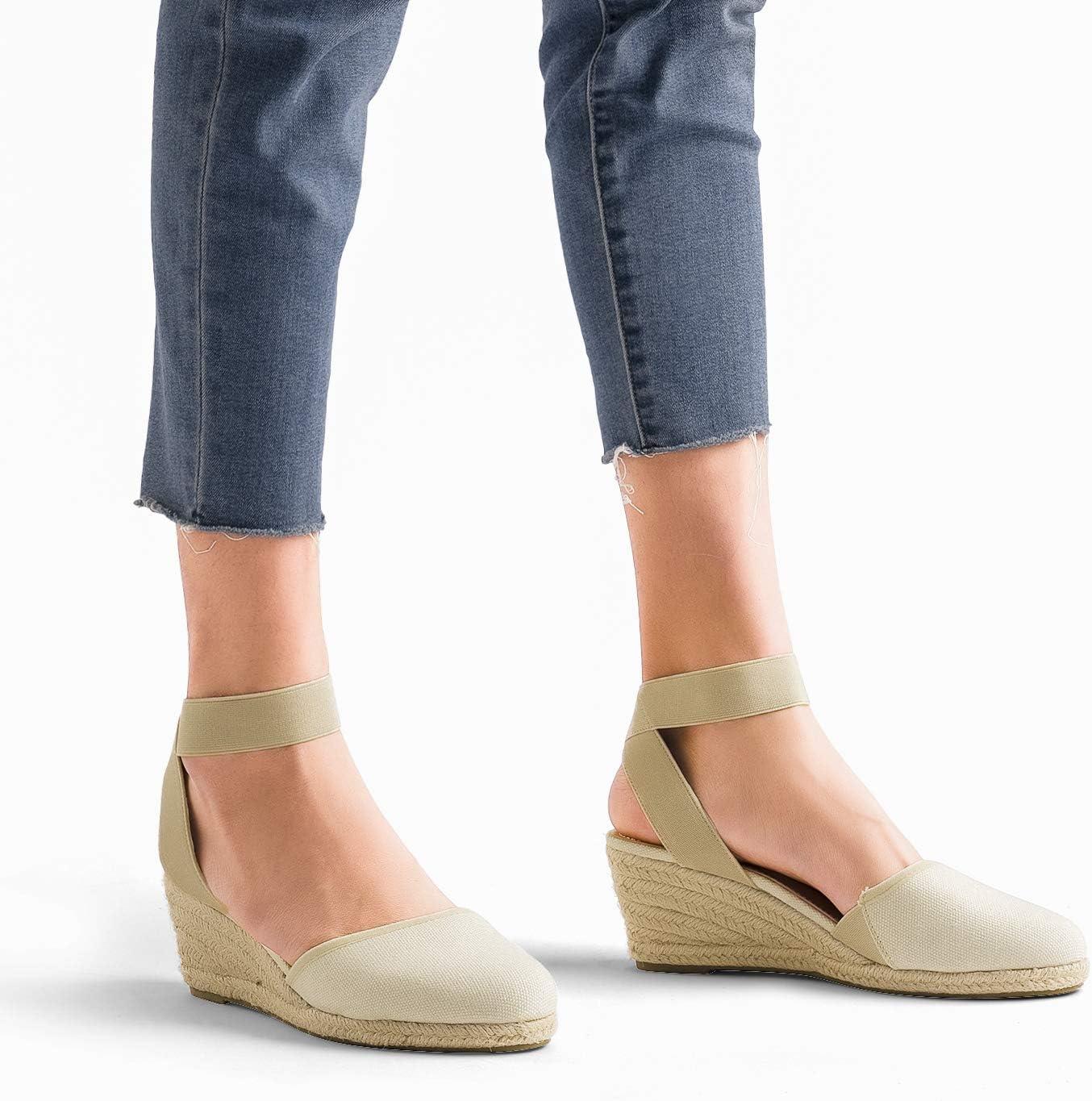 imageDREAM PAIRS Womens Elastic Ankle Strap Espadrilles Wedge SandalsBeigeWhite