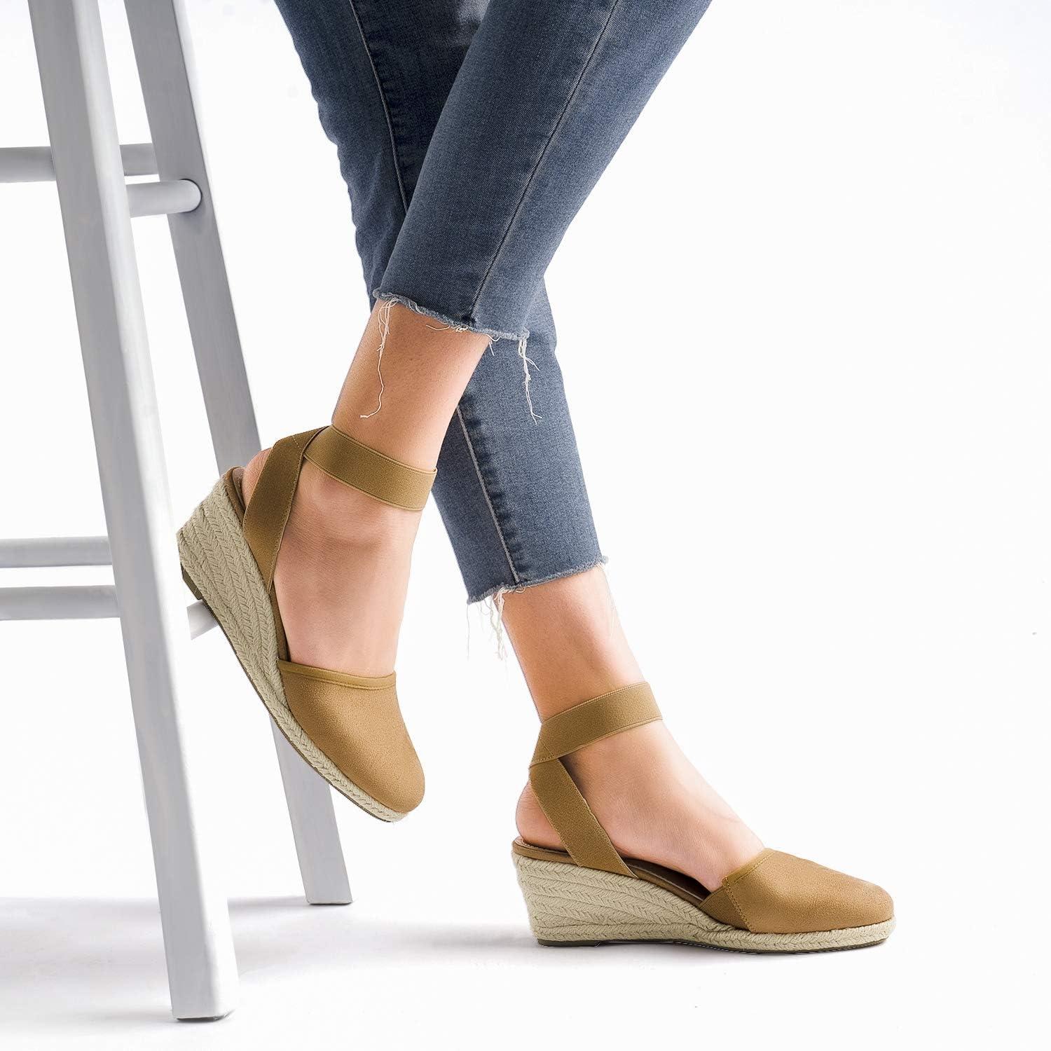 imageDREAM PAIRS Womens Elastic Ankle Strap Espadrilles Wedge SandalsCamel