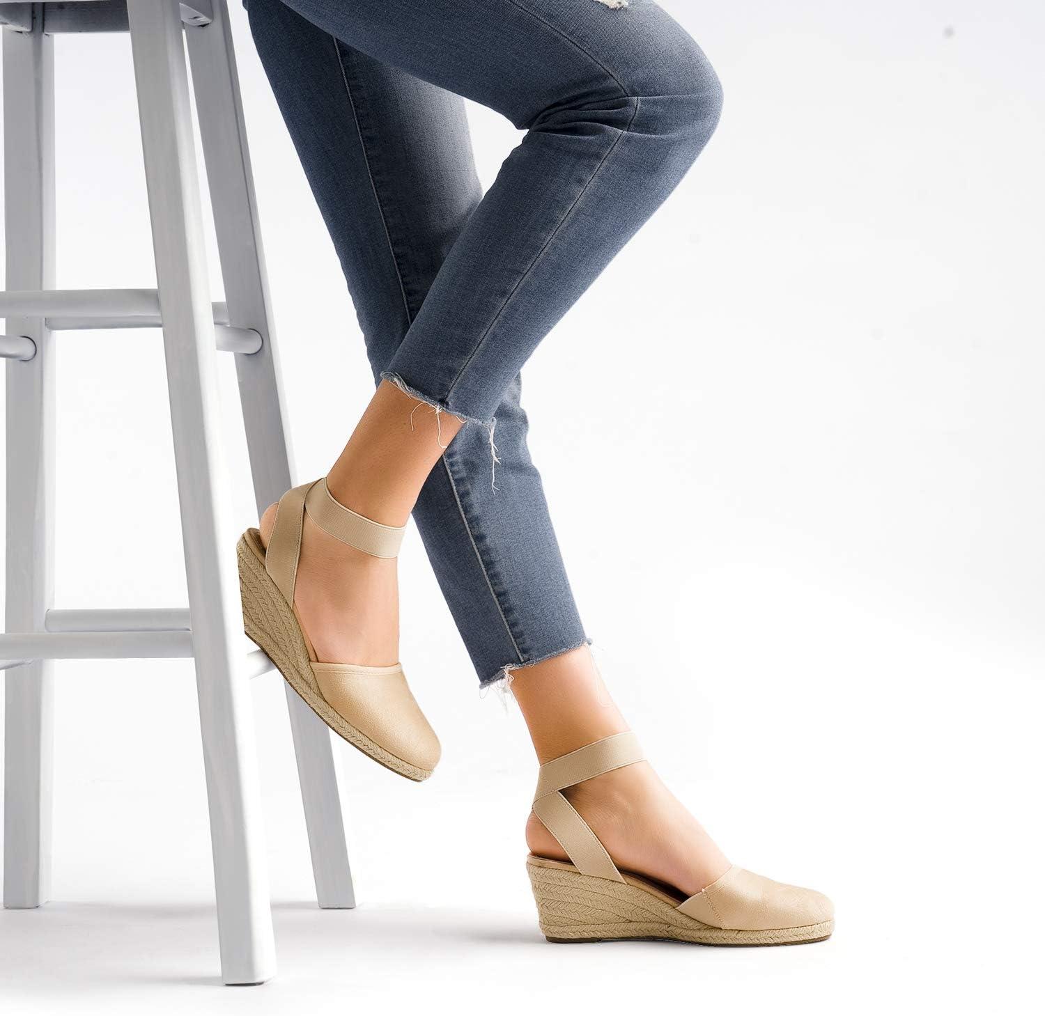imageDREAM PAIRS Womens Elastic Ankle Strap Espadrilles Wedge SandalsNude