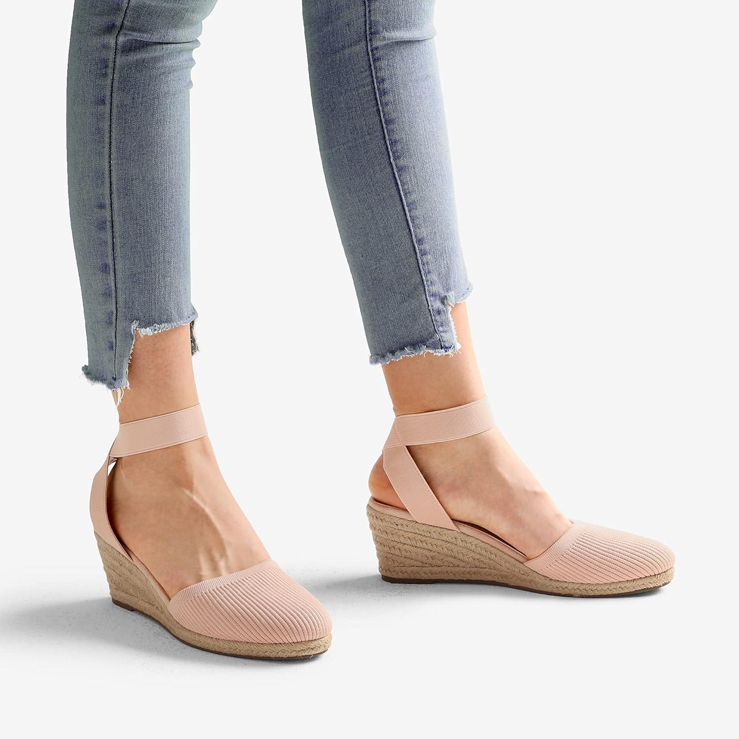 imageDREAM PAIRS Womens Elastic Ankle Strap Espadrilles Wedge SandalsPinkknit