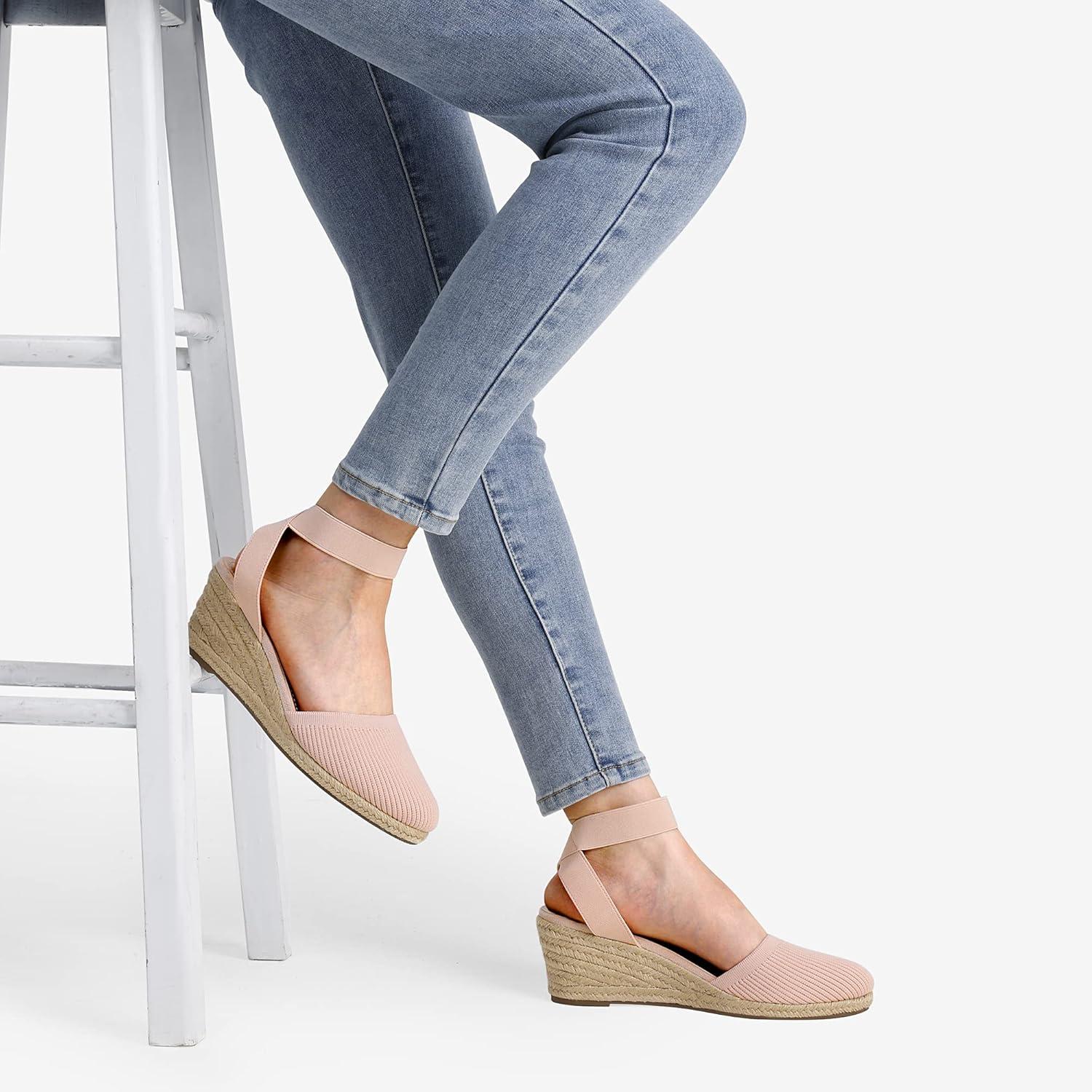 imageDREAM PAIRS Womens Elastic Ankle Strap Espadrilles Wedge SandalsPinkknit