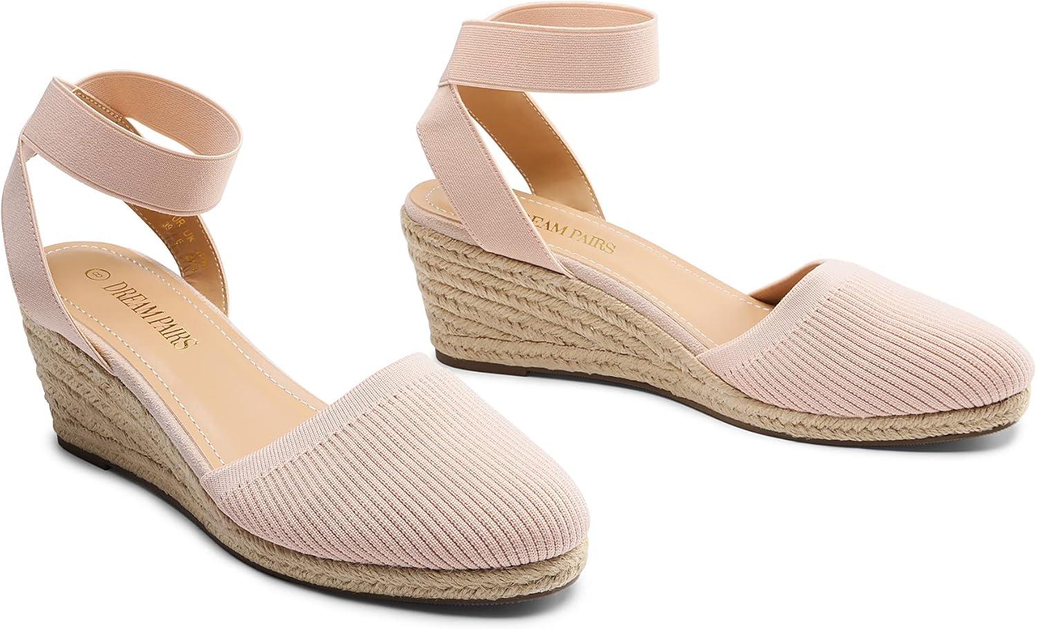 imageDREAM PAIRS Womens Elastic Ankle Strap Espadrilles Wedge SandalsPinkknit